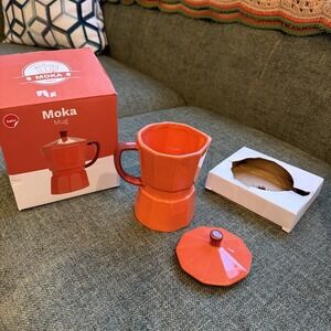 Balvi Moka Mug Red Ceramic Coffee Cup Espresso Maker Shape w/ Lid & Box